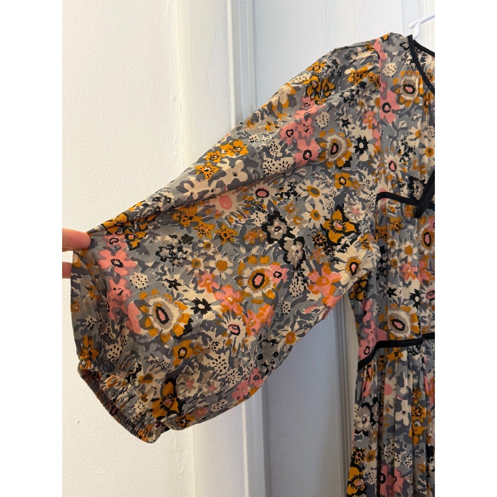 THE GREAT Floral Cotton Tassel Maxi Dress Womens Size 1 Small Boho Pockets Grey - Picture 3 of 7